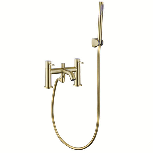 The White Space Pin Lux 2-Hole Dual Lever Bath Shower Mixer Tap with Shower Kit - Brushed Brass - Envy Bathrooms Ltd