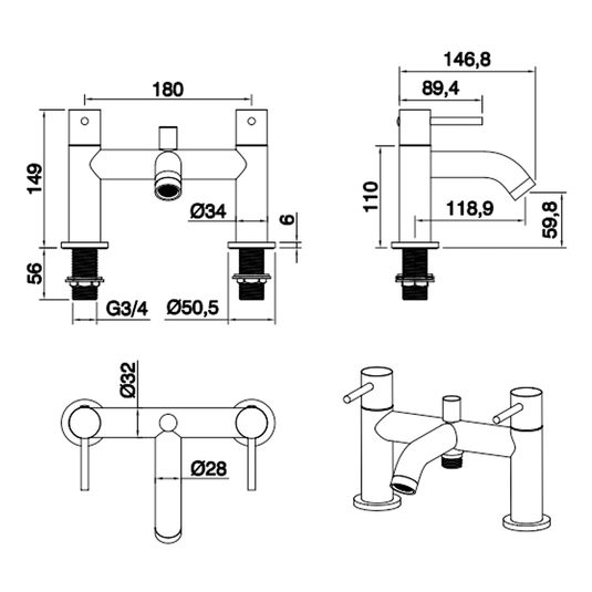 The White Space Pin Lux 2-Hole Dual Lever Bath Shower Mixer Tap with Shower Kit - Brushed Brass - Envy Bathrooms Ltd