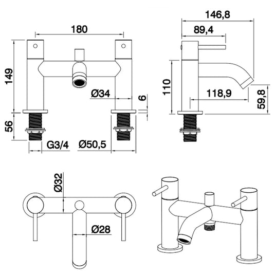 The White Space Pin Lux 2-Hole Dual Lever Bath Shower Mixer Tap with Shower Kit - Matt Black - Envy Bathrooms Ltd
