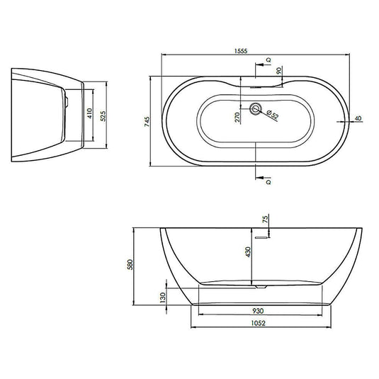 The White Space Senna Double Ended Oval Freestanding Bath 1555mm x 745mm - White - Envy Bathrooms Ltd