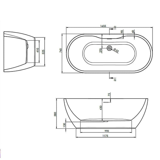 The White Space Senna Double Ended Oval Freestanding Bath 1655mm x 745mm - White - Envy Bathrooms Ltd