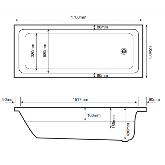 The White Space Vale Single Ended Rectangular Bath 1700mm x 750mm - White - Envy Bathrooms Ltd