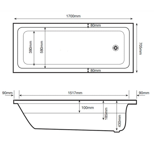 The White Space Vale Single Ended Rectangular Bath 1700mm x 750mm - White - Envy Bathrooms Ltd