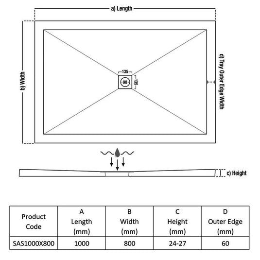 Traymate TM25 Symmetry 1000 x 800mm Anti-Slip Rectangular Shower Tray - Envy Bathrooms Ltd