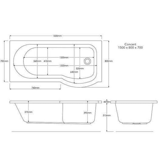 Trojan Concert Compact P Shape 1500mm Shower Bath with Panel & Screen (RH) - Envy Bathrooms Ltd