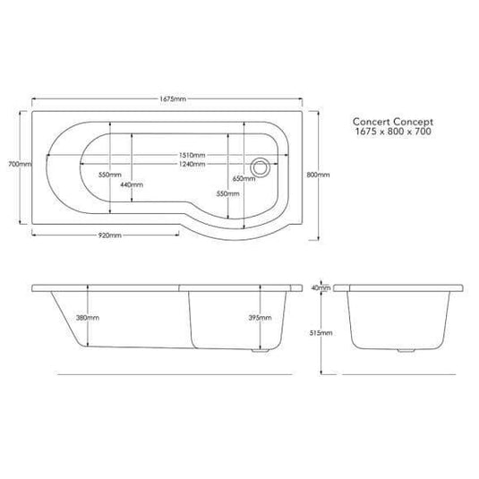 Trojan Concert Compact P Shape 1675mm Shower Bath with Panel & Screen (RH) - Envy Bathrooms Ltd