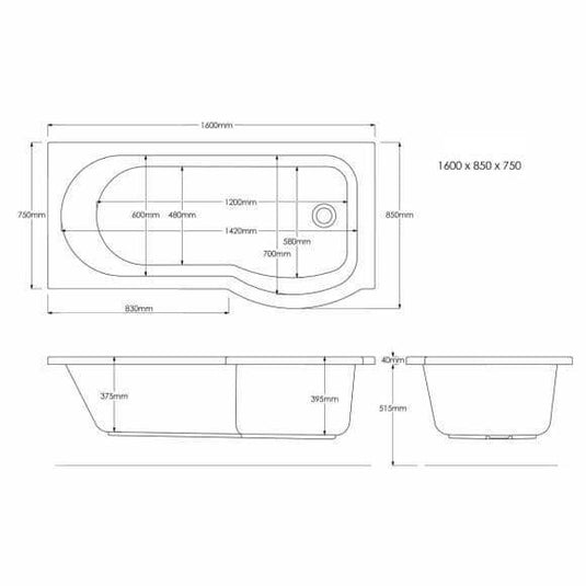 Trojan Concert P Shape 1600mm Shower Bath with Panel & Screen (RH) - Envy Bathrooms Ltd
