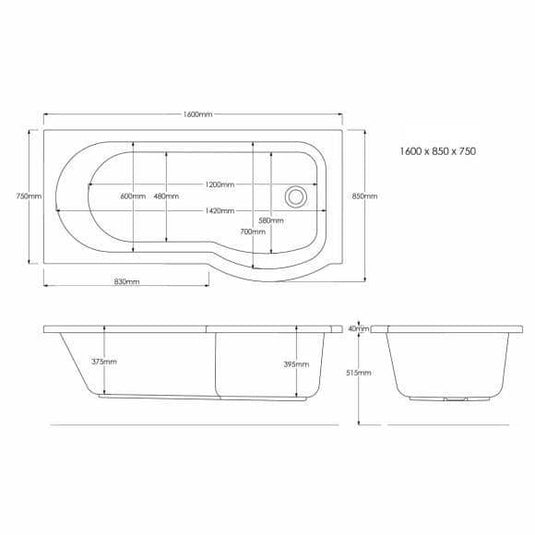 Trojan Concert P Shape 1600mm Shower Bath with Panel & Screen (LH) - Envy Bathrooms Ltd