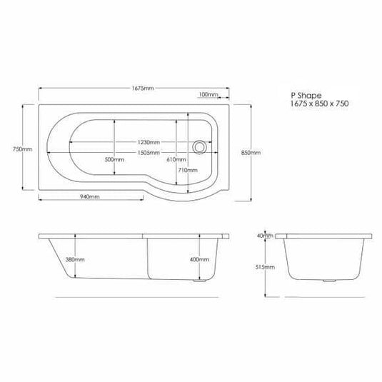 Trojan Concert P Shape Trojancast 1675mm Shower Bath with Panel & Screen (RH) - Envy Bathrooms Ltd