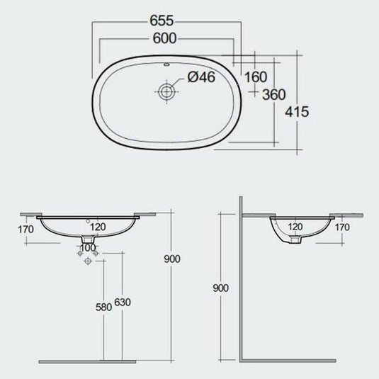 RAK Ceramics Variant Elongated Oval Under Counter Wash Basin 600mm - Alpine White - VARUC36000AWHA