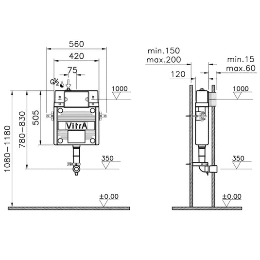 Vitra 2.5/4 Litre Concealed Cistern for Back to Wall Toilet - Top Fill - Envy Bathrooms Ltd