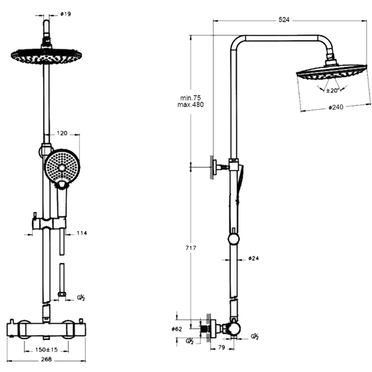 Vitra Aquaheat Bliss 2 Function Thermostatic Bar Mixer Shower with Fixed Head and Shower Kit - Chrome - Envy Bathrooms Ltd