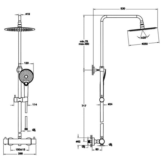 VitrA Aquaheat Bliss 250 Thermostatic Shower Column | Chrome | A47201VUK - Envy Bathrooms Ltd