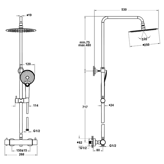 Vitra AquaHeat Bliss Thermostatic Bar Mixer Shower with Fixed Head and Shower Kit - Chrome - Envy Bathrooms Ltd