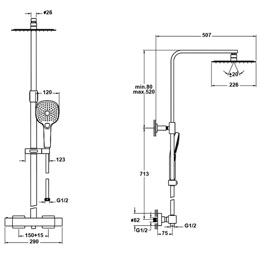 Vitra Aquaheat Round Thermostatic Exposed Mixer Shower with Fixed Head and Shower Kit - Chrome - Envy Bathrooms Ltd