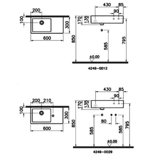 Vitra Arkitekt Wall Hung Basin - 300mm Deep - 0 Tap Hole - Envy Bathrooms Ltd