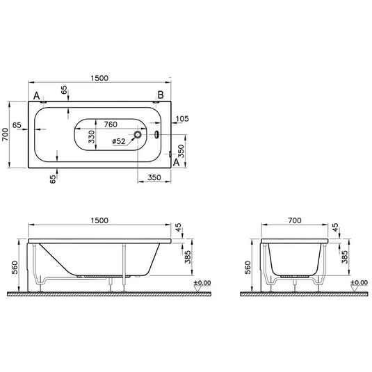 VitrA Balance 0TH 1500x700mm Single Ended Bath - 55230001000 - Envy Bathrooms Ltd