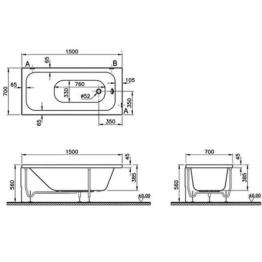 Vitra Balance Single Ended Rectangular Bath 1500mm x 700mm - 0 Tap Hole - Envy Bathrooms Ltd