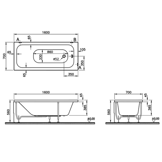 Vitra Balance Single Ended Rectangular Bath 1600mm x 700mm - 0 Tap Hole - Envy Bathrooms Ltd