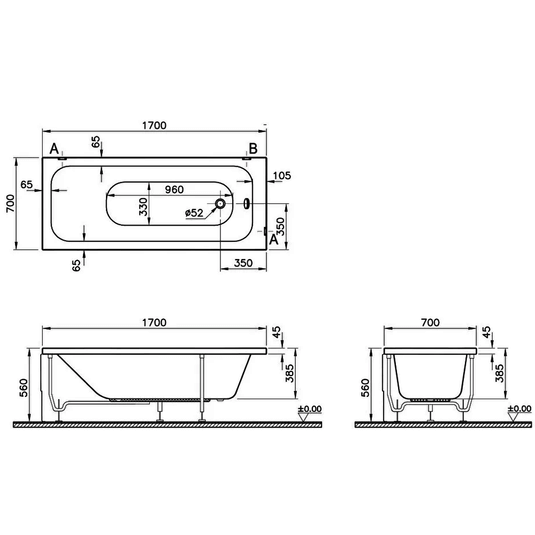 Vitra Balance Single Ended Rectangular Bath 1700mm x 700mm - 0 Tap Hole - Envy Bathrooms Ltd