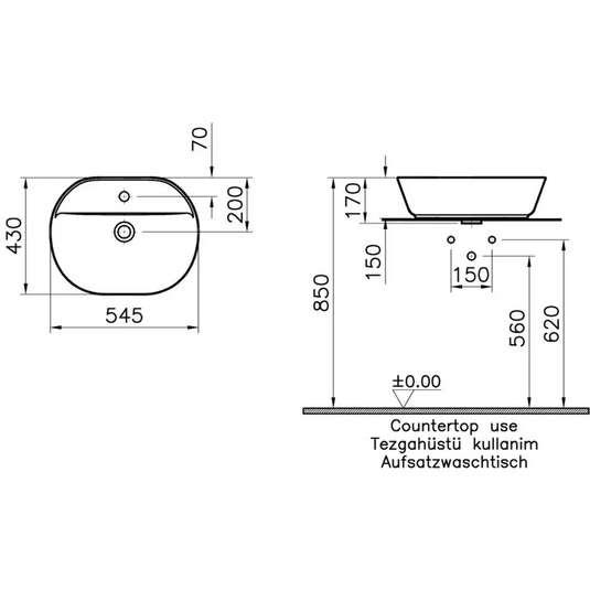 VitrA Geo 545x430mm 1TH Basin (No Overflow) - White - 7428B003-0041 - Envy Bathrooms Ltd