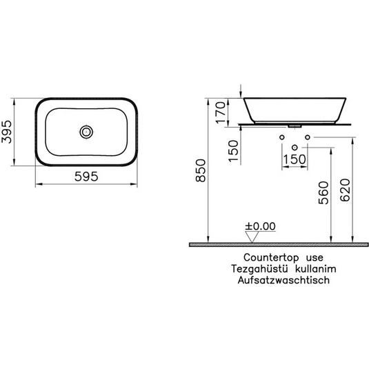 VitrA Geo 600x400mm 0TH Basin (No Overflow) - White - 7425B003-0016 - Envy Bathrooms Ltd