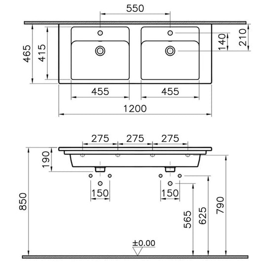 VitrA Integra 1200x470mm 2TH Vanity Basin w/Overflow - White - 7038B003-0001 - Envy Bathrooms Ltd