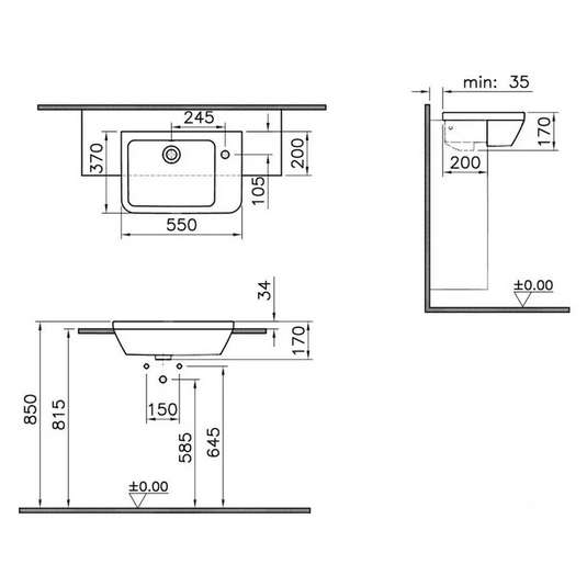 VitrA Integra 550x370mm 1TH Semi Recessed Basin (RH) - White - 7338B003-0029 - Envy Bathrooms Ltd