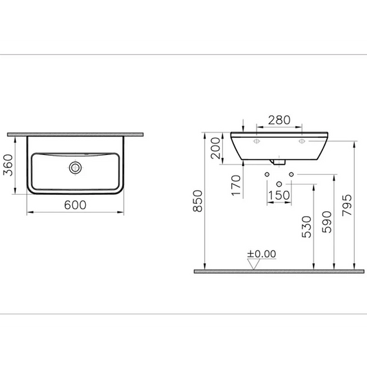 VitrA Integra 600x360mm 0TH Compact Basin w/Overflow - White - 7088L003-0012 - Envy Bathrooms Ltd