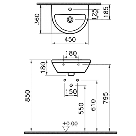 Vitra Integra Curved Wall Hung Basin 450mm Wide - 1 Tap Hole - Envy Bathrooms Ltd