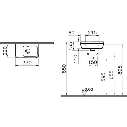 Vitra Integra Left Handed Wall Hung Basin 370mm Wide - 0 Tap Hole - Envy Bathrooms Ltd