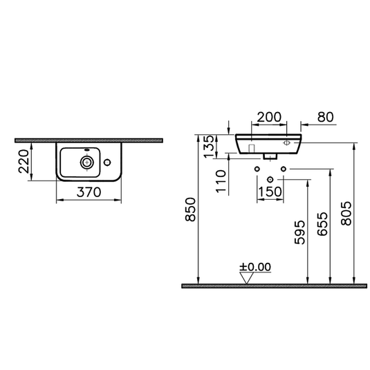 Vitra Integra Right Handed Wall Hung Basin 370mm Wide - 0 Tap Hole - Envy Bathrooms Ltd