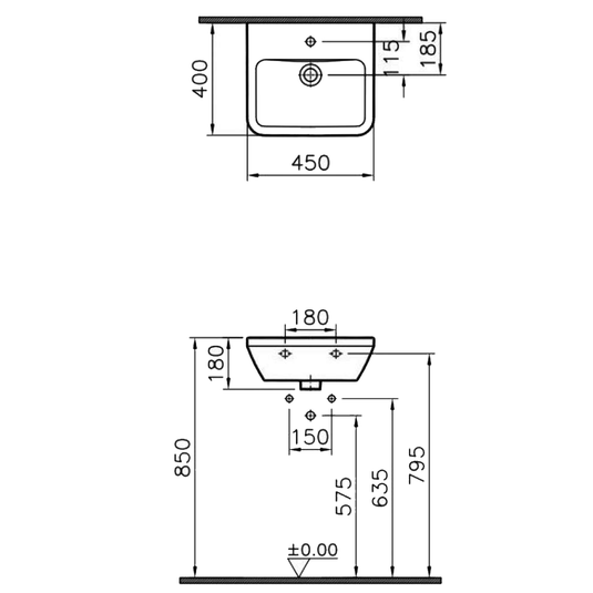 Vitra Integra Wall Hung Basin 450mm Wide - 1 Tap Hole - Envy Bathrooms Ltd