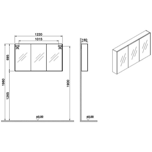 VitrA 1220x695mm Mirrored Cabinet - Brushed Chrome - 66904 - Envy Bathrooms Ltd