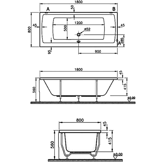 Vitra Neon Double Ended Rectangular Bath 1800mm x 800mm - 0 Tap Hole - Envy Bathrooms Ltd