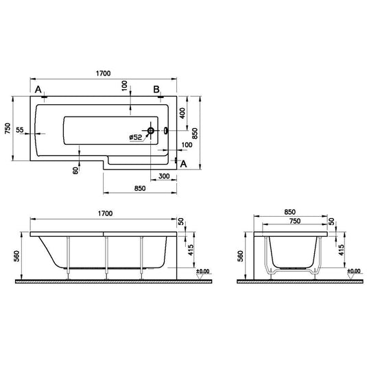 Vitra Neon L-Shaped Shower Bath Left Handed 1700mm x 750mm/850mm - 0 Tap Hole - Envy Bathrooms Ltd