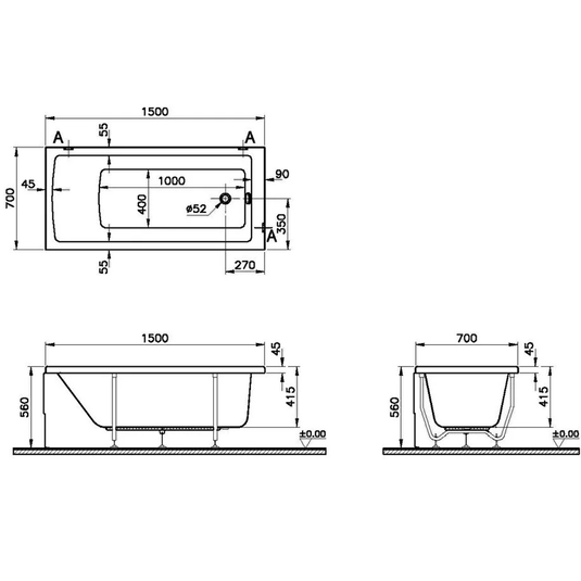 Vitra Neon Single Ended Rectangular Bath 1500mm x 700mm - 0 Tap Hole - Envy Bathrooms Ltd