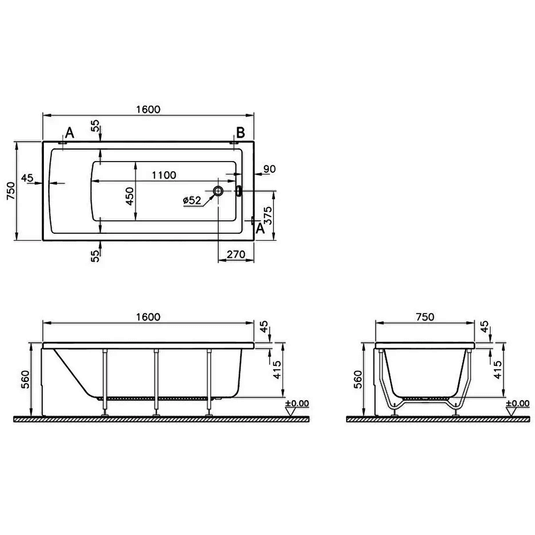 Vitra Neon Single Ended Rectangular Bath 1600mm x 750mm - 0 Tap Hole - Envy Bathrooms Ltd