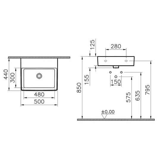 VitrA Nuo 500x440mm 0TH Basin w/Overflow - White - 7431B003-0012 - Envy Bathrooms Ltd
