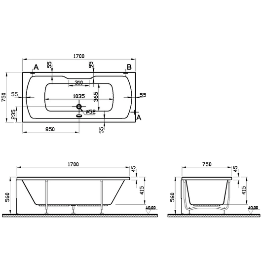 Vitra Optima Double Ended Rectangular Bath 1700mm x 750mm - 0 Tap Hole - Envy Bathrooms Ltd