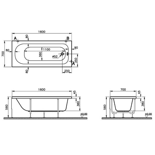 Vitra Optima Single Ended Rectangular Bath 1600mm x 700mm - 0 Tap Hole - Envy Bathrooms Ltd