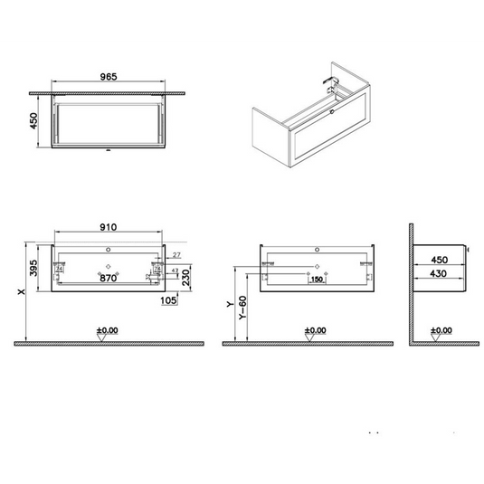 VitrA Root Classic 100cm 1 Drawer Slim Washbasin Unit | Matt Light Grey | 68462 - Envy Bathrooms Ltd