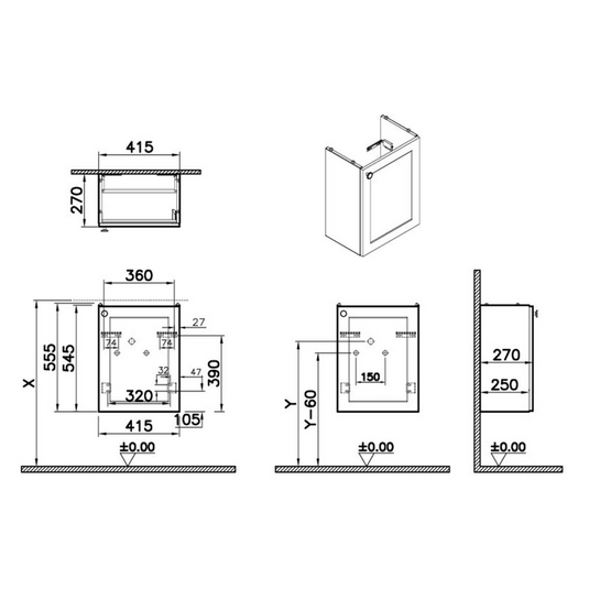 VitrA Root Classic 40cm 1 Door Wall Hung Slim Washbasin Unit (RH Hinge) | Matt Graphite | 68388 - Envy Bathrooms Ltd