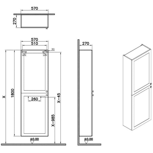 VitrA Root Classic 55cm 2 Door Slim Tall Unit (LH Hinge) | Matt Dark Blue | 68543 - Envy Bathrooms Ltd