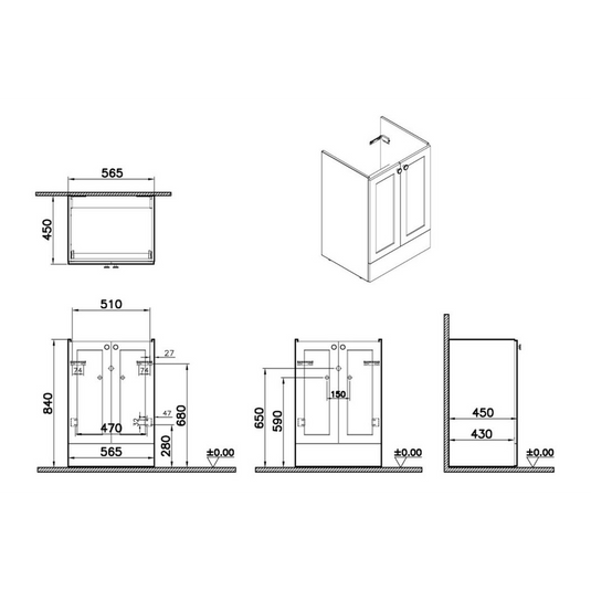 VitrA Root Classic 60cm 2 Door Floor Standing Washbasin Unit | Matt Grey | 68442 - Envy Bathrooms Ltd