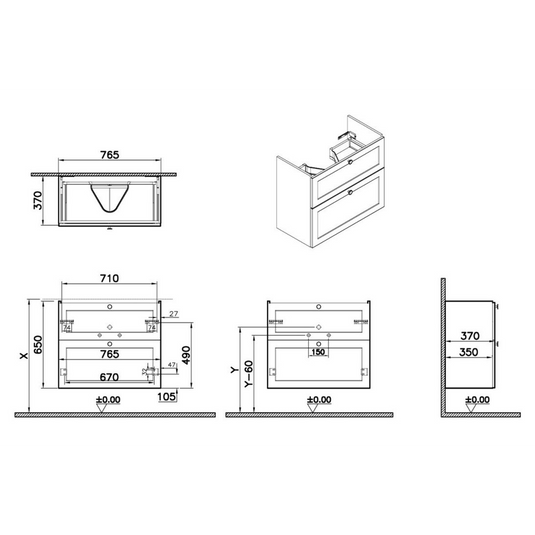 VitrA Root Classic 80cm 2 Drawer Slim Washbasin Unit | Matt Retro Green | 68418 - Envy Bathrooms Ltd