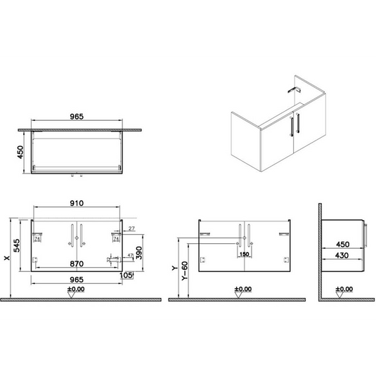 VitrA Root Flat 100cm 2 Door Washbasin Unit | Matt Storm Grey | 67897 - Envy Bathrooms Ltd