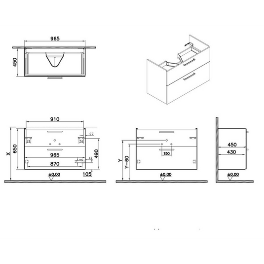 VitrA Root Flat 100cm 2 Drawer Washbasin Unit | Matt Storm Grey | 67967 - Envy Bathrooms Ltd