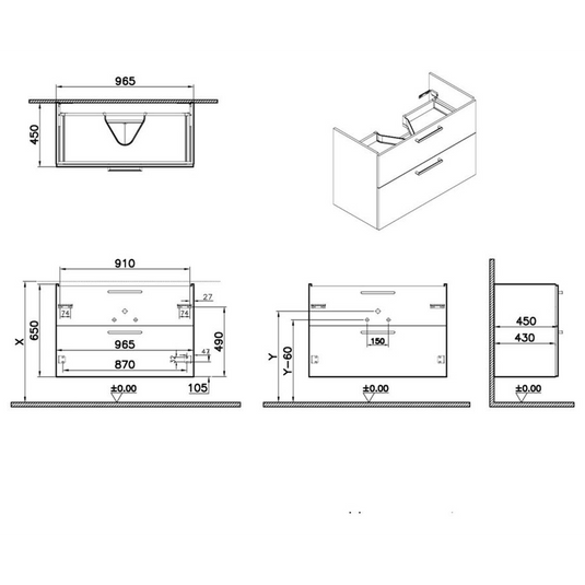 VitrA Root Flat 100cm 2 Drawer Washbasin Unit | Bright Sahara Beige | 67965 - Envy Bathrooms Ltd