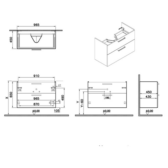 VitrA Root Flat 100cm 2 Drawer Washbasin Unit | Cordoba | 67971 - Envy Bathrooms Ltd